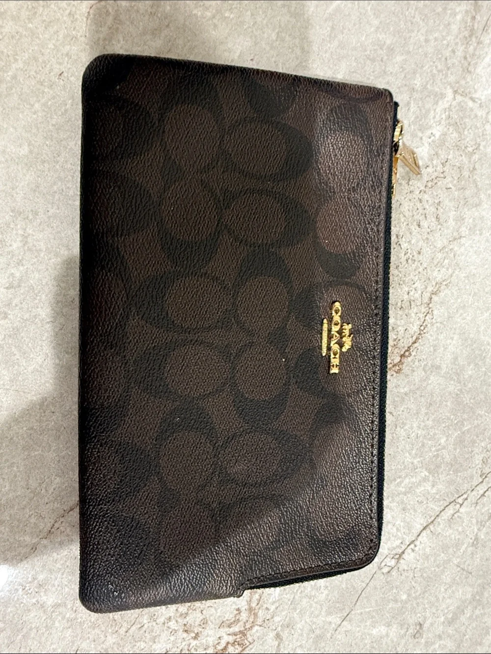Coach Brown Signature Zip Wallet with Gold Accent